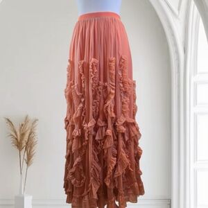 Anthropologie Coral Ruffled Maxi Skirt